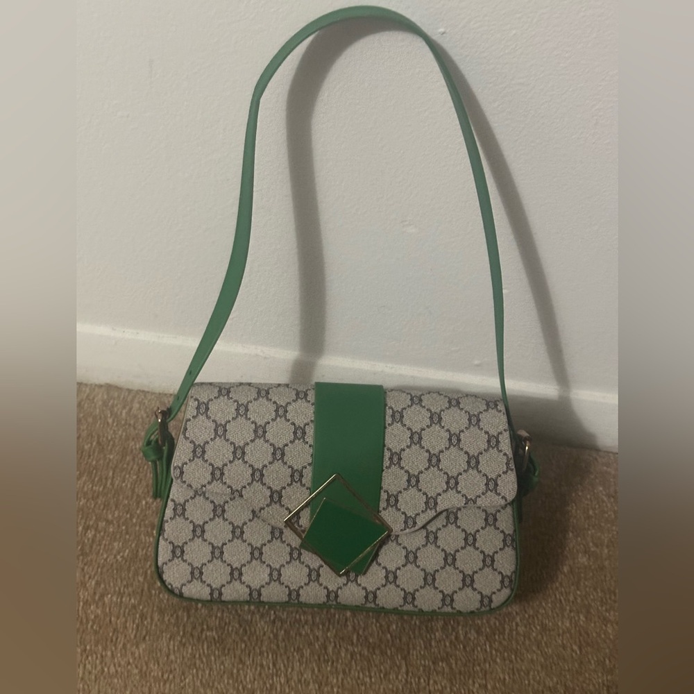 green & gray print shoulder square mini small  handbag purse